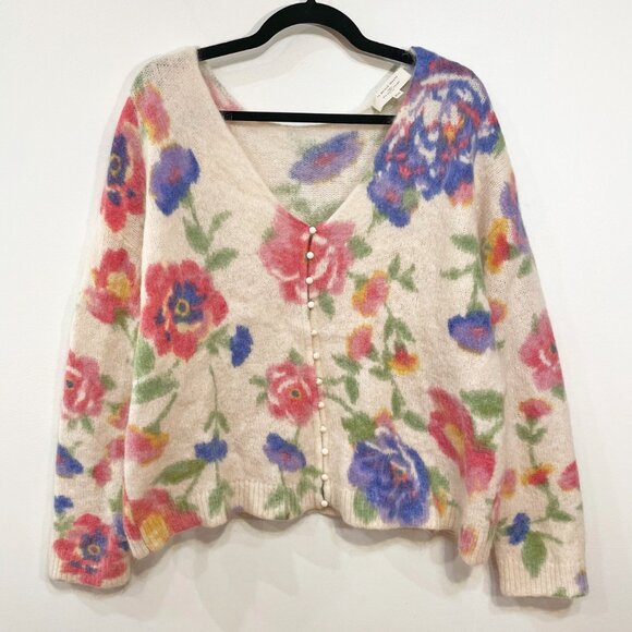 EUC Sezane Teresa Mohair Wool Floral Cardigan Ecru Pink XXXL - Picture 3 of 8